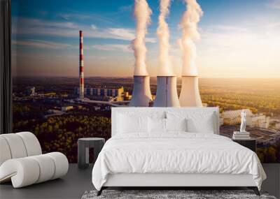 A Power plant with white smoke over it's chimneys Wall mural