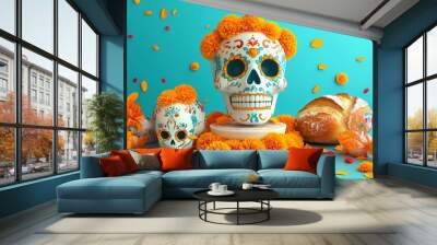 3D sugar skull, marigold, bread, ornaments on a pedestal. Dia de los muertos celebration background. Wall mural