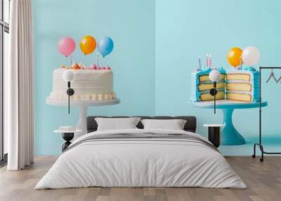 A birthday cake with one slice cut and being served on a light blue background, with balloons and candles.  Wall mural