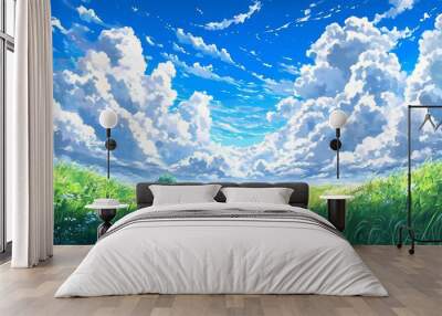 A blue sky with white clouds, a green grassland, and a small mountain in the distance, with a simple background in an anime style. Wall mural