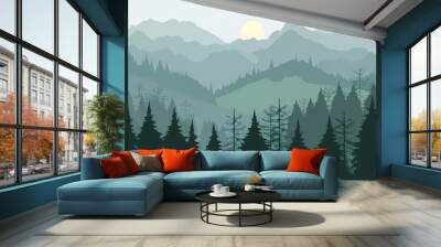 A flat vector illustration of a forest landscape with mountains in the background, minimalistic design, vector art, grey and green color palette Wall mural