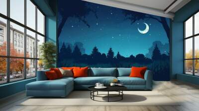 A flat vector illustration of a night sky with moon and stars, using a dark blue color palette, with silhouettes of trees in the foreground Wall mural