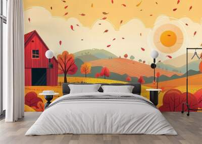 A flat vector illustration of autumn landscape with barn, trees and sun in yellow orange sky Wall mural