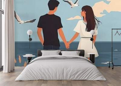 A man wearing black T-shirt and jeans is holding the hand of his girlfriend, who wears white short sleeves and dark skirt, standing on beach by sea in digital art style. Wall mural