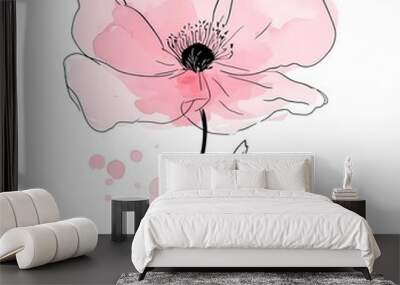 A pink flower drawn with black lines on a white background, vector illustration Wall mural