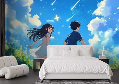 A young couple riding on the same bicycle, with green grass and blue sky in background, shooting stars falling from clouds, anime style Wall mural