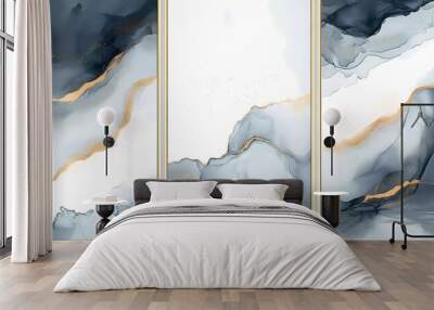 Abstract art painting set, three vertical frames with gold and gray color tones, white background. Wall mural