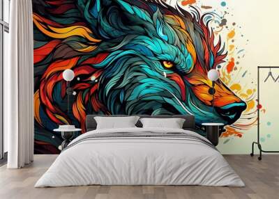 Abstract wolf head close up with tangled doodle elements. Colorful illustration. generative ai Wall mural