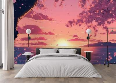 anime style illustration of two anime characters sitting on the edge looking at sea, pink sunset sky, tree with flowers, cherry blossom trees in background Wall mural