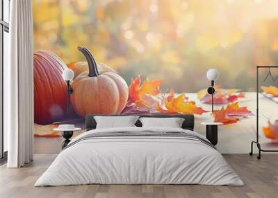 Autumn background with colored leaves and pumpkins on the table in sunlight, a banner for fall season celebration or advertising of harvest time Wall mural