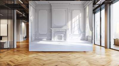 Classic empty white interior with fireplace, curtains, windows, wall panels, 3D rendering, illustration Wall mural