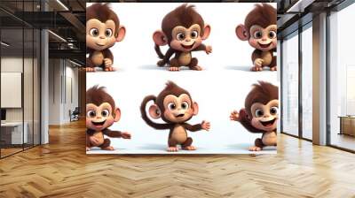 collection of 3d illustrations of cute cartoon monkey children, in various styles, on a white background. generative ai Wall mural