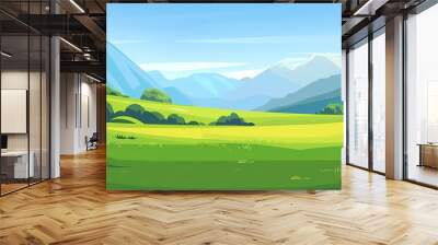 ector flat cartoon illustration of a green meadow with mountains in the background, in the simple vector style with simple shapes, a green grass field, blue sky Wall mural