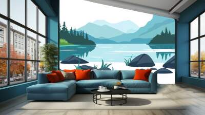 flat vector illustration of landscape with lake, simple design, white background Wall mural