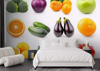 Fruit and vegetable, various fruits such as apples, oranges, pears, eggplants and vegetables like broccoli on white background Wall mural