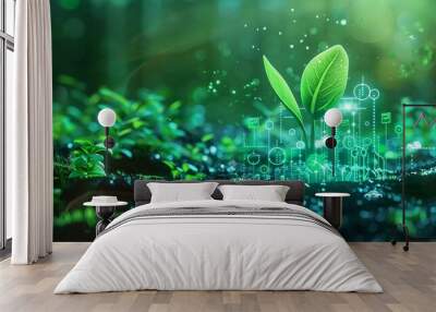 Green background with a digital hologram of a young plant sprout and symbols for ecology, environment protection and energy technology on the ground Wall mural