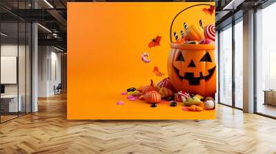 Halloween Background Template With Halloween Pumpkin Bucket and Candy. Website banner in 3D style for poster or greeting card.  Wall mural