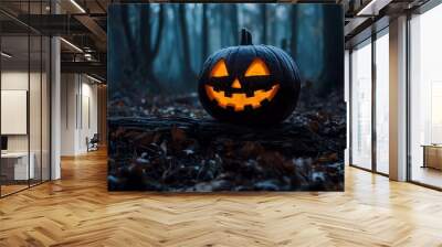 Halloween Pumpkin on Wood in Creepy Forest at Night Wall mural