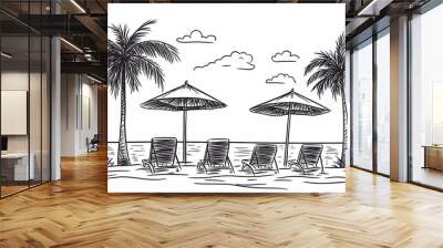 Hand-drawn vector illustration of a beach resort landscape with lounge chairs, palm trees, and umbrellas on a white background Wall mural