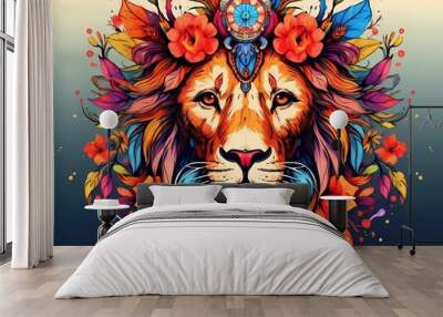 illustration of a colorful lion with a flower crown on its head. generative ai Wall mural