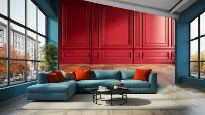 Modern classic red empty interior with wall panels and wood flooring. 3D rendering Wall mural