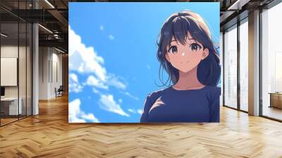 Photo of an anime girl with brown hair and a dark blue t-shirt, looking at the camera and smiling slightly. The background is sky blue with white clouds. Wall mural