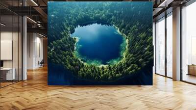 realistic photo Aerial panorama of beautiful blue lake, islands and summer forest. generative ai Wall mural