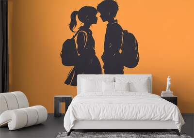 Silhouette of two lovers standing close together, vector illustration, flat design, pastel colors, cute schoolgirl and boy in love, manga style Wall mural