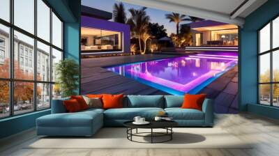 swimming pool in modern villa with colored led lights on dusk background. generative ai Wall mural