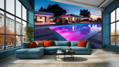 swimming pool in modern villa with colored led lights on dusk background. generative ai Wall mural