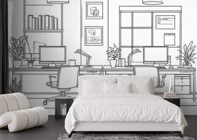 Vector black and white line art illustration of an office with two desks, chairs, computer monitors, books on the desks Wall mural