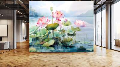 watercolor painting of lotus flowers and leaves with a lake background, a calm and harmonious color combination. generative ai Wall mural