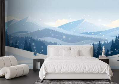 winter landscape, flat vector illustration with background, cartoon style, blue and white colors, simple shapes Wall mural