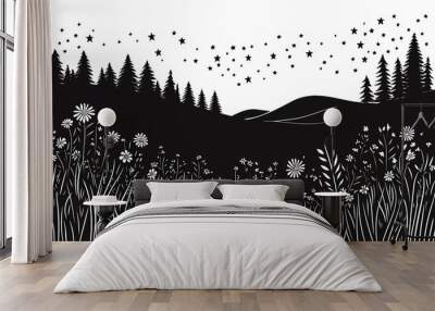 Woodcut illustration of rolling hills, dense forest, wildflowers, and a night sky Wall mural