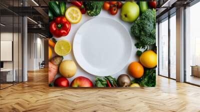 World food day, vegetarian day, vegan day concept. Top view of fresh vegetables, fruits, with empty plate on white paper background.  Wall mural