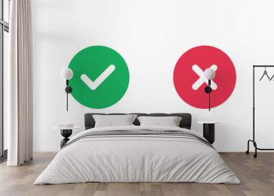 checkmark icons tick and cross sign green check mark and red x cross on white background. circle sha Wall mural