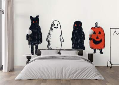 Four people dressed in halloween costumes in a row. They are wearing costumes of a black cat, ghost, grim reaper, and jack-o-lantern Wall mural