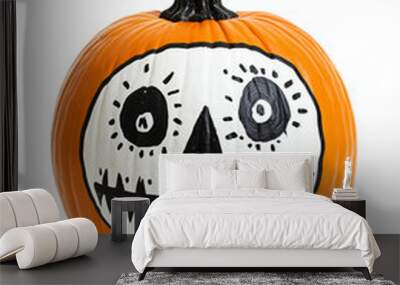 Halloween pumpkin decorated with a painted skeleton face smiling on a white background Wall mural