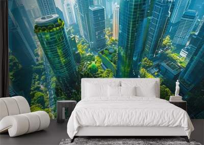 Aerial perspective of a bustling cityscape with modern architecture and green spaces, Futuristic, Hologram, Digital painting, innovative and vibrant urban life Wall mural