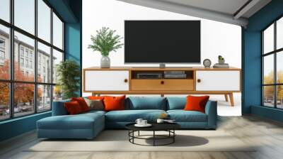 Clear view of a modern IKEA TV stand with geometric shapes and a natural wood frame, white backdrop, Vector art Wall mural