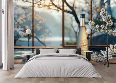 Sake wine bottle and cup in a serene environment Wall mural