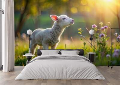 A baby lamb stands in a sunlit meadow, surrounded by flowers, embodying innocence and the beauty of nature. Wall mural