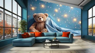 A cozy teddy bear rests against a blue wall adorned with stars, wrapped in a soft blanket, creating a whimsical, peaceful atmosphere. Wall mural