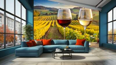 A picturesque vineyard at sunset, featuring two wine glasses—one with red wine and the other with white—surrounded by lush green fields. Wall mural