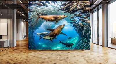 A stunning underwater scene captures sharks swimming amongst a swirling school of fish in vibrant blue waters. Wall mural