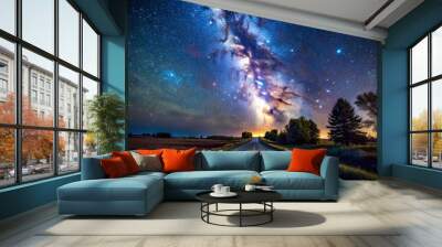 A stunning view of the Milky Way stretching across a starry night sky, above an empty road flanked by trees and fields. Wall mural