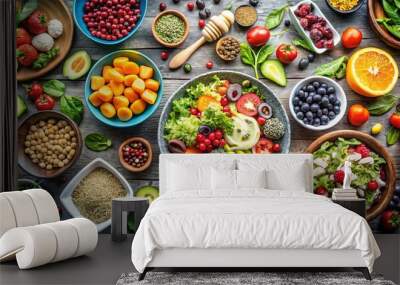 A vibrant display of fresh fruits, vegetables, and grains arranged artistically, showcasing healthy eating and colorful ingredients. Wall mural