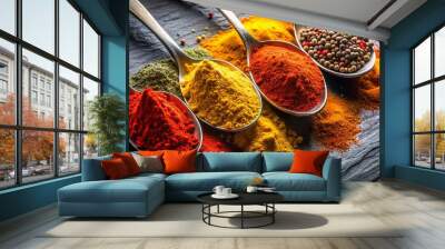 Colorful Spices in Spoons on Black Slate Background Wall mural