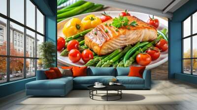 Grilled Salmon with Fresh Vegetables on Plate Wall mural