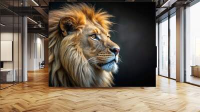 Side profile of a lion's head with intense eyes, mane highlighted by soft light on a black background Wall mural